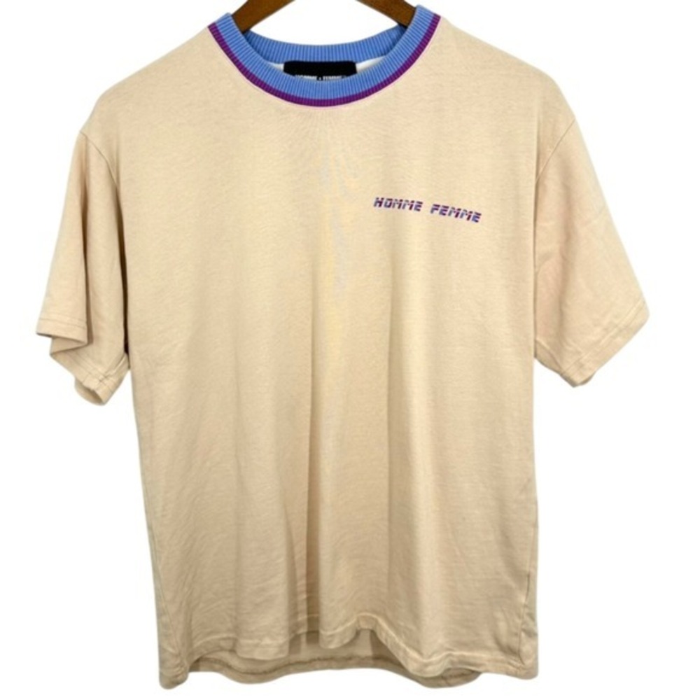 HOMME FEMME Small Beige Logo T-Shirt Ribbed Collar Retro Streetwear Knit Tee